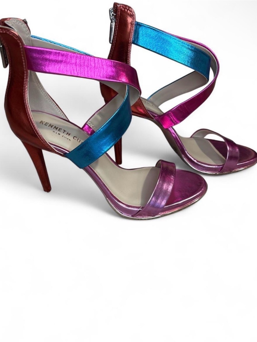 Kenneth Cole Metallic Pink and Blue Strappy Stiletto Sandals